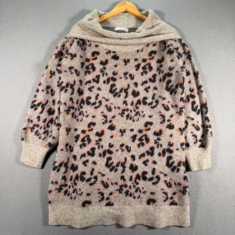 Anthropologie Emma Wool Sweater Womens XL Gray Brown Leopard Cowl Neck Oversized
